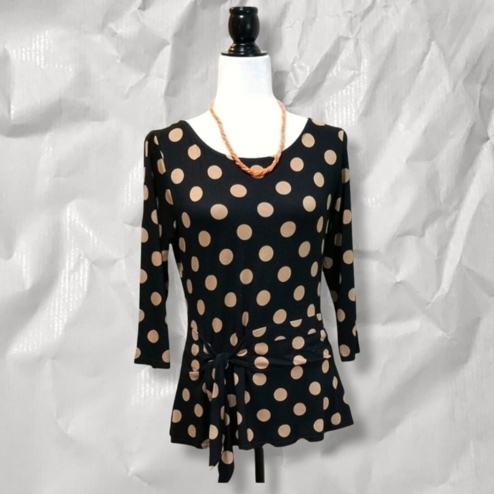 Phase Eight Women's Polka Dot 3/4 Sleeve Top Size 12 Tie At Waist Black/Tan